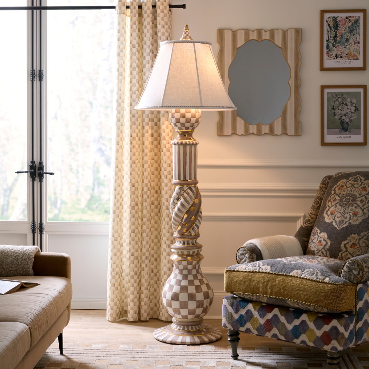 Mocha Check Ceramic Floor Lamp - Image 2