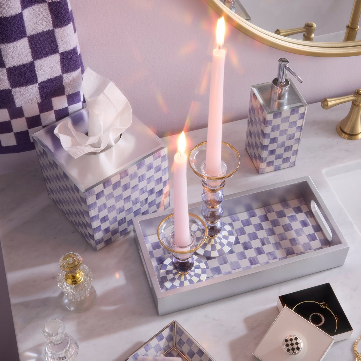 Violet Check Small Glass Candlestick - Image 2