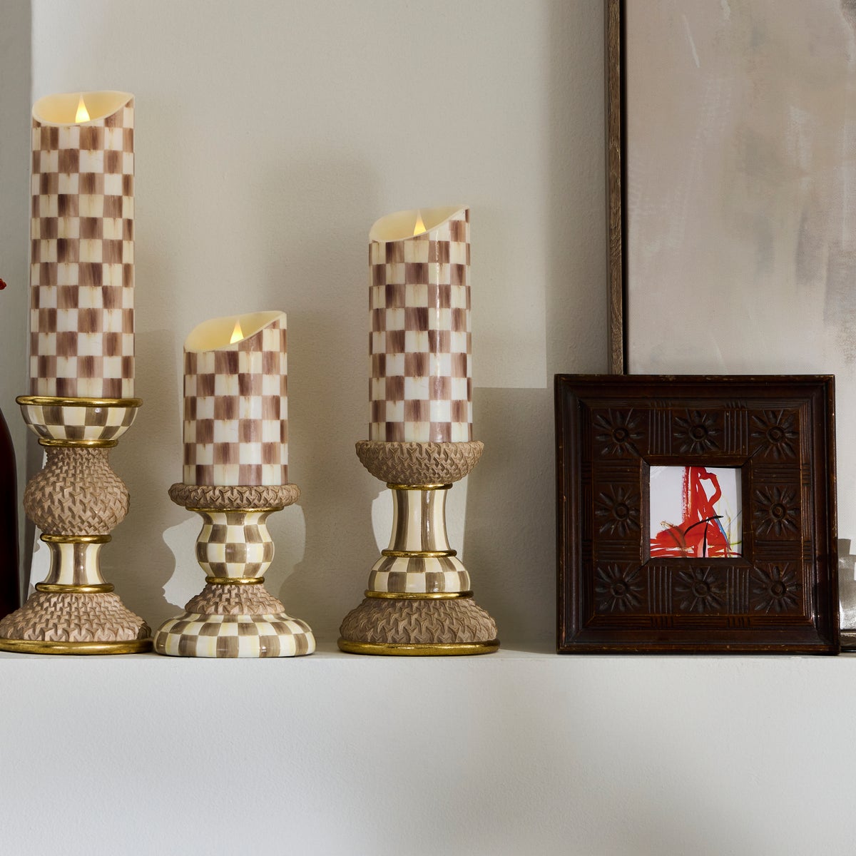 Mocha Check Flameless 7" Pillar Candle - Image 5