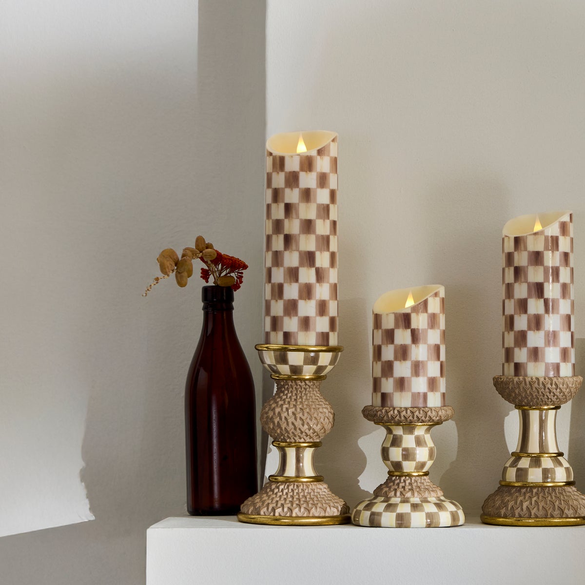 Mocha Check Flameless 9" Pillar Candle - Image 2