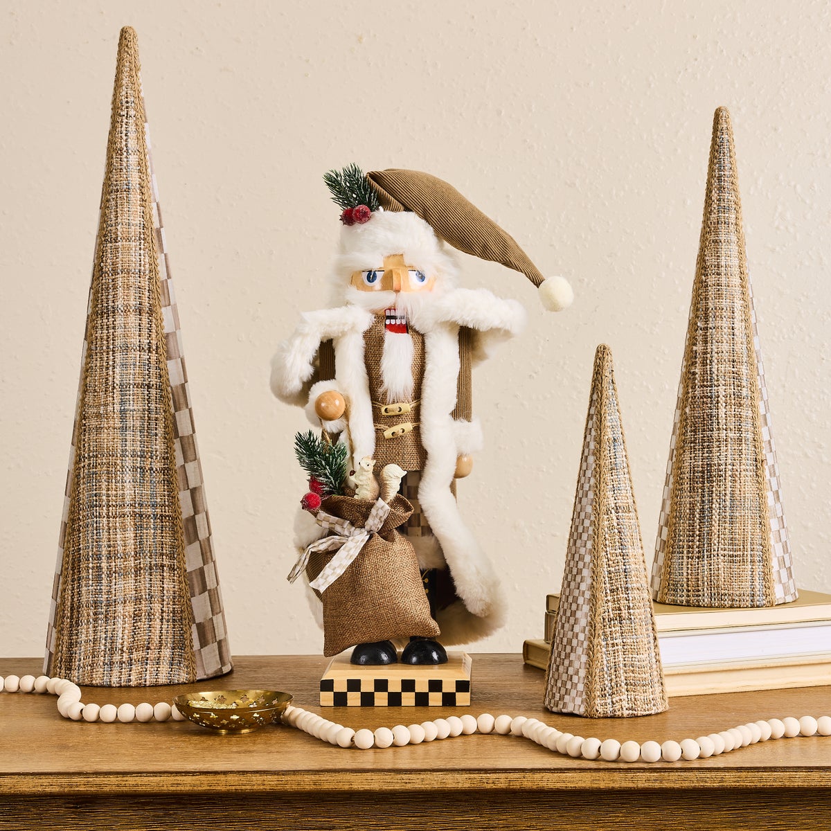 Mocha Check Wood Santa Nutcracker - Image 2
