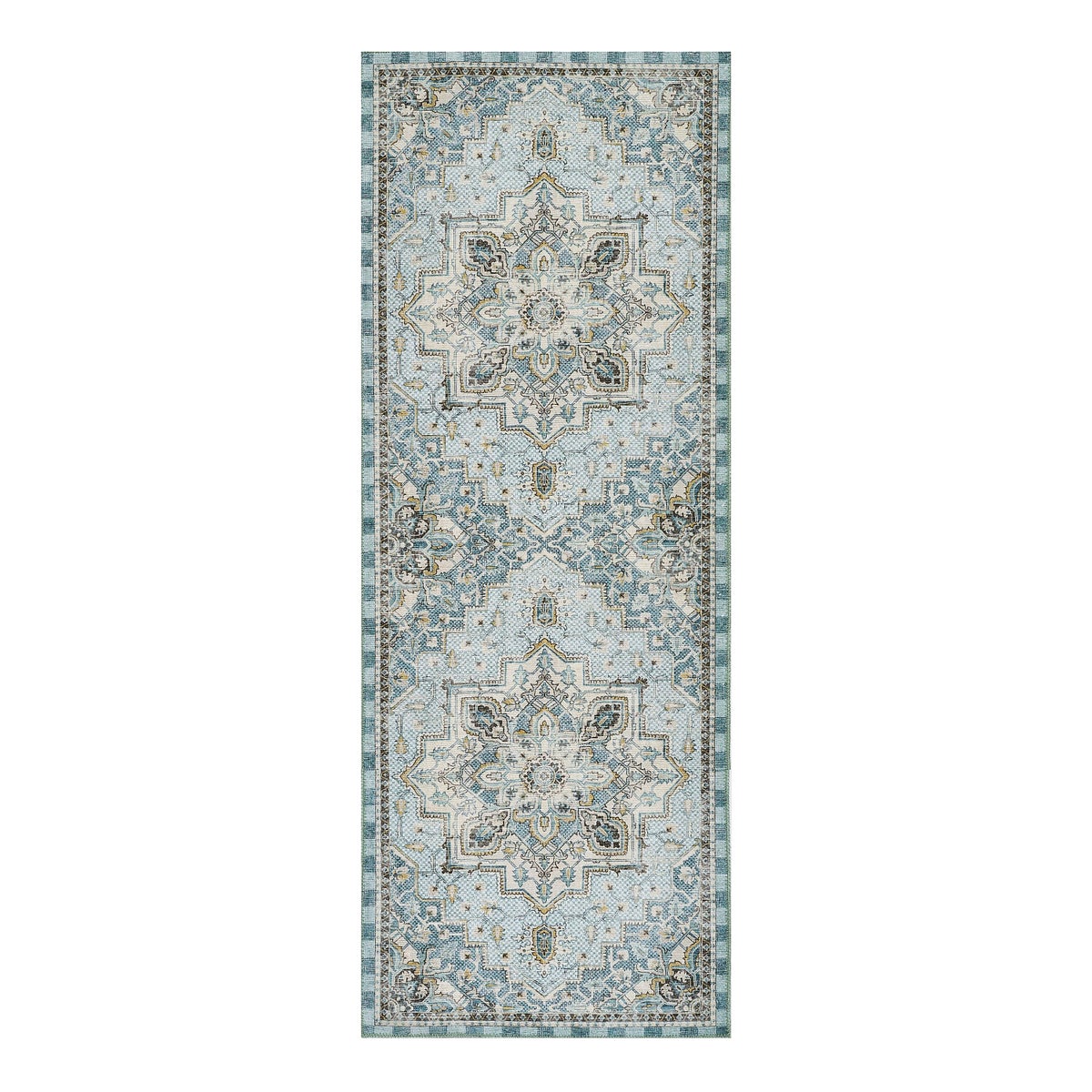 Heriz Checked Aqua 2'6" x 8' Washable Runner