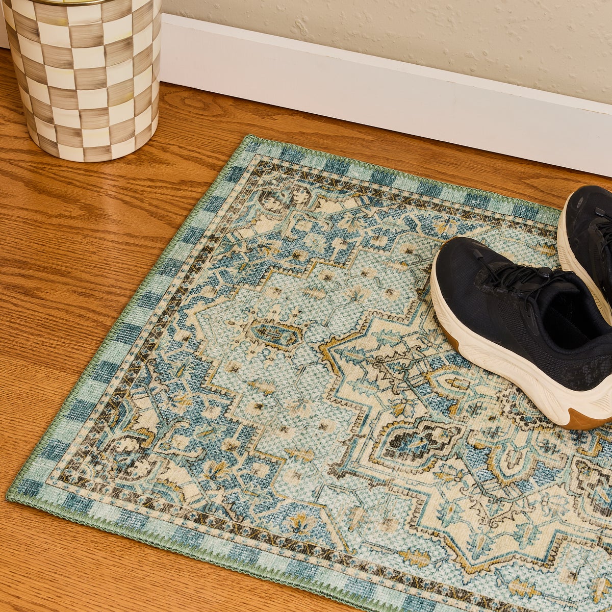 Heriz Checked Aqua 5' x 7'6" Washable Rug - Image 2