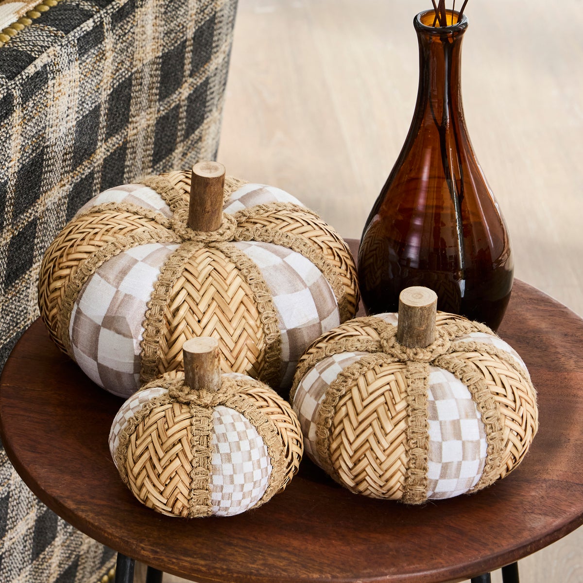 Mocha Check Rattan Pumpkins, Set of 3 - Image 2