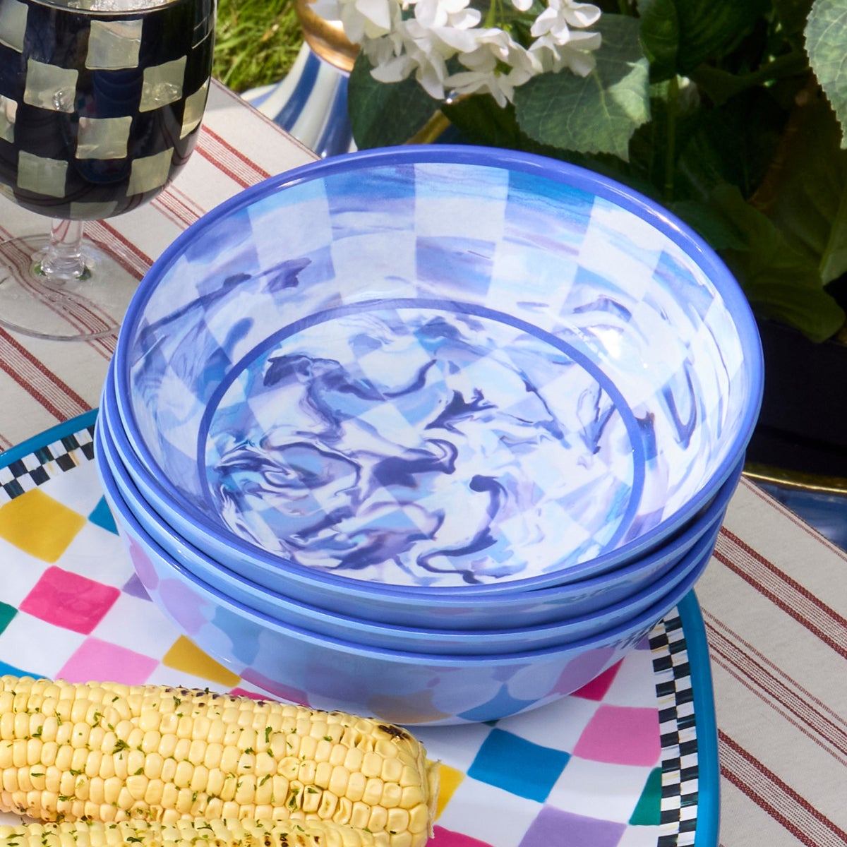 Blue Marble Check Melamine Small Bowls, Set of 4 - Image 7