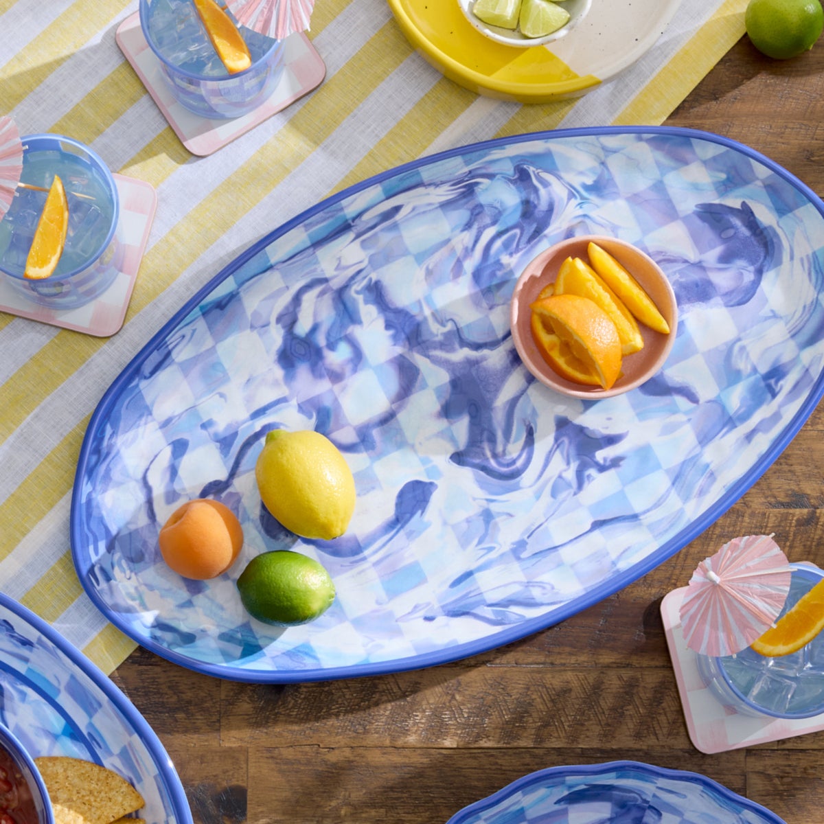 Blue Marble Check Melamine Oval Platter - Image 2