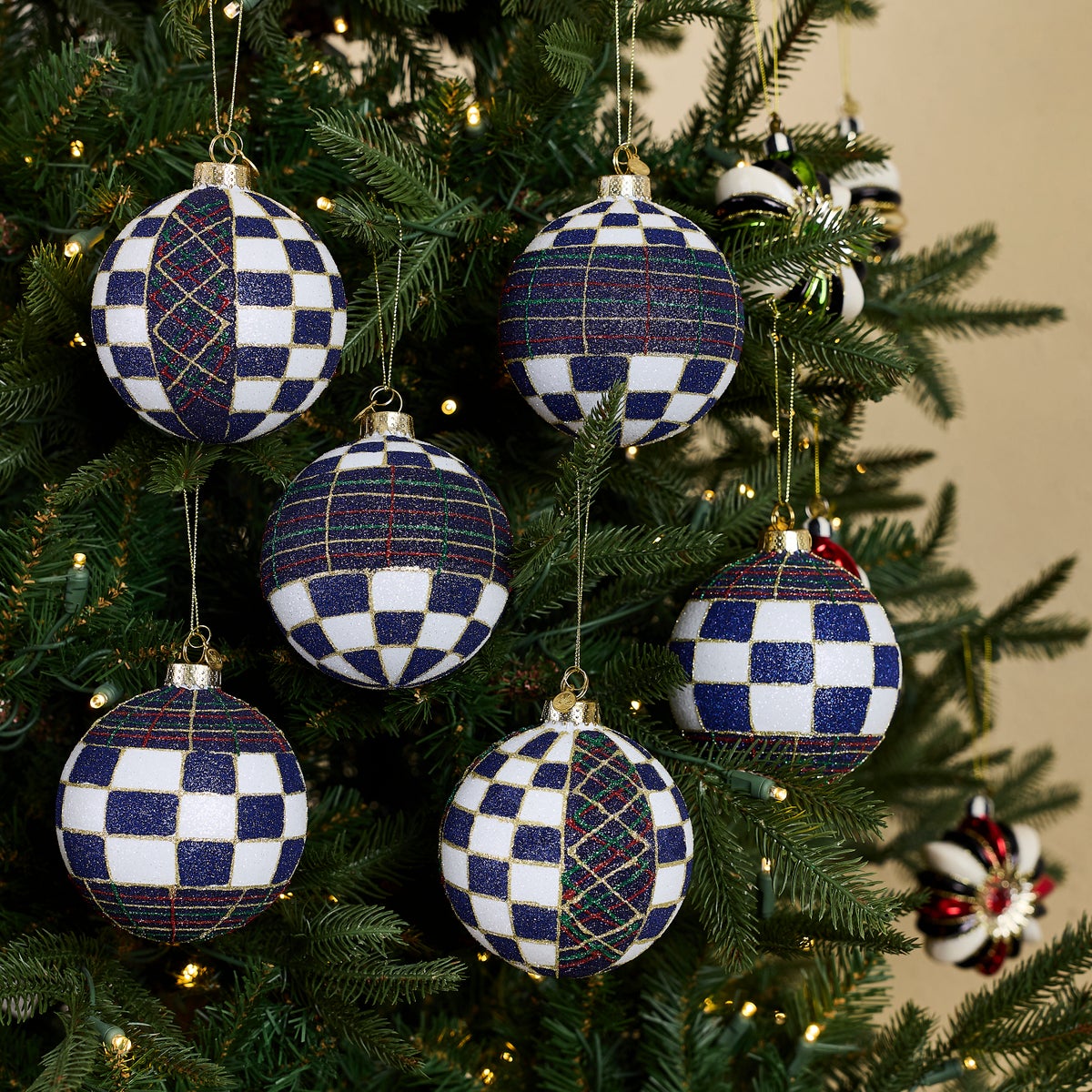 Navy Tartan Glass Ball Ornaments, Set of 6 - Image 2