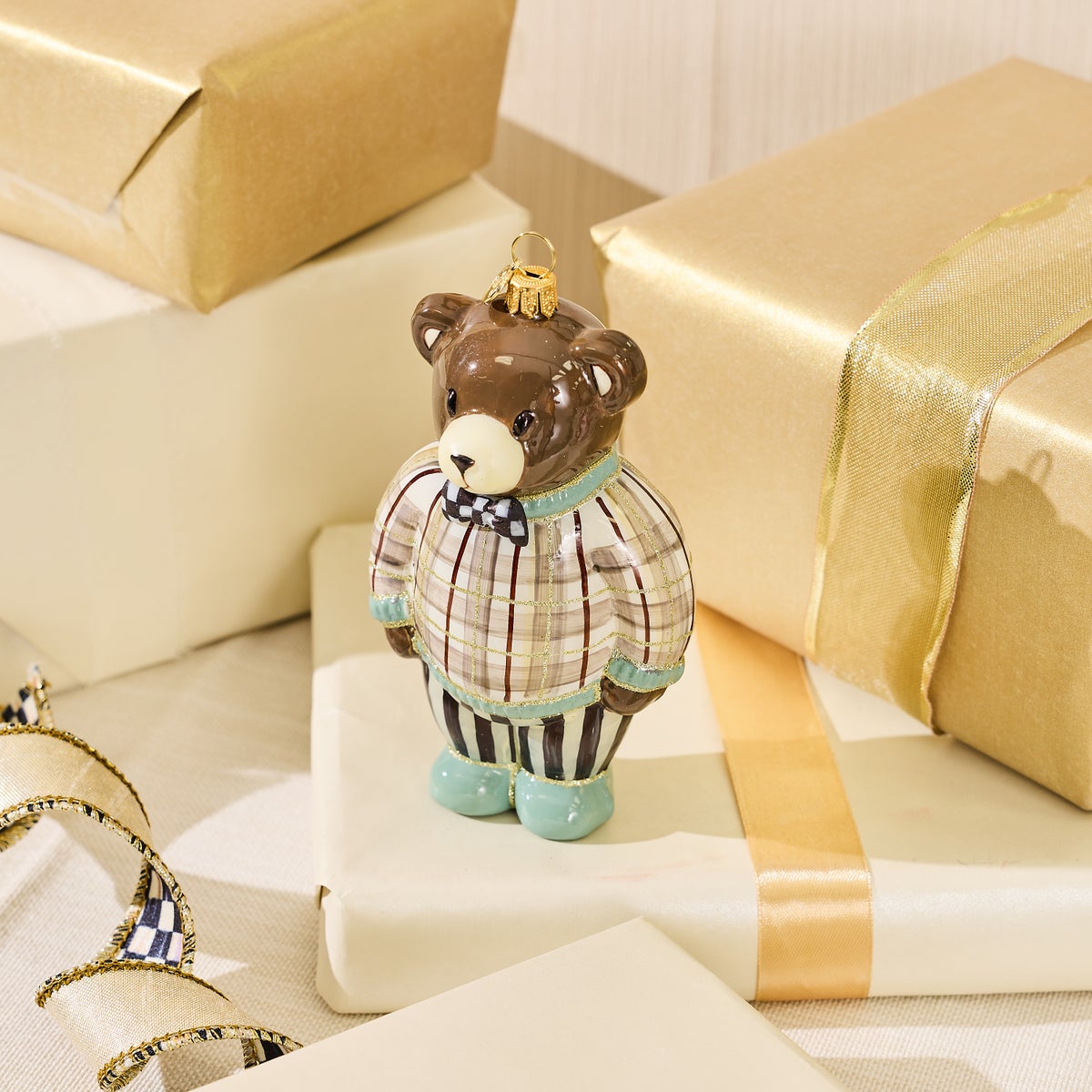 Mocha Tartan Bear Glass Ornament - Image 2