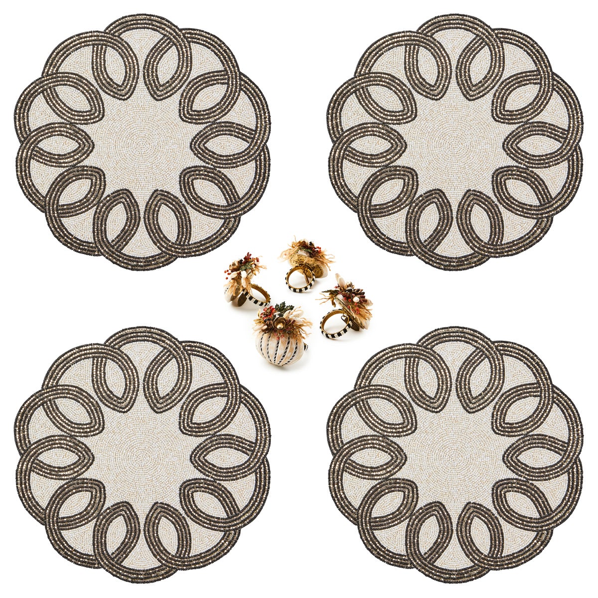Black & White Placemats & Autumn Frost Napkin Rings, Set of 4