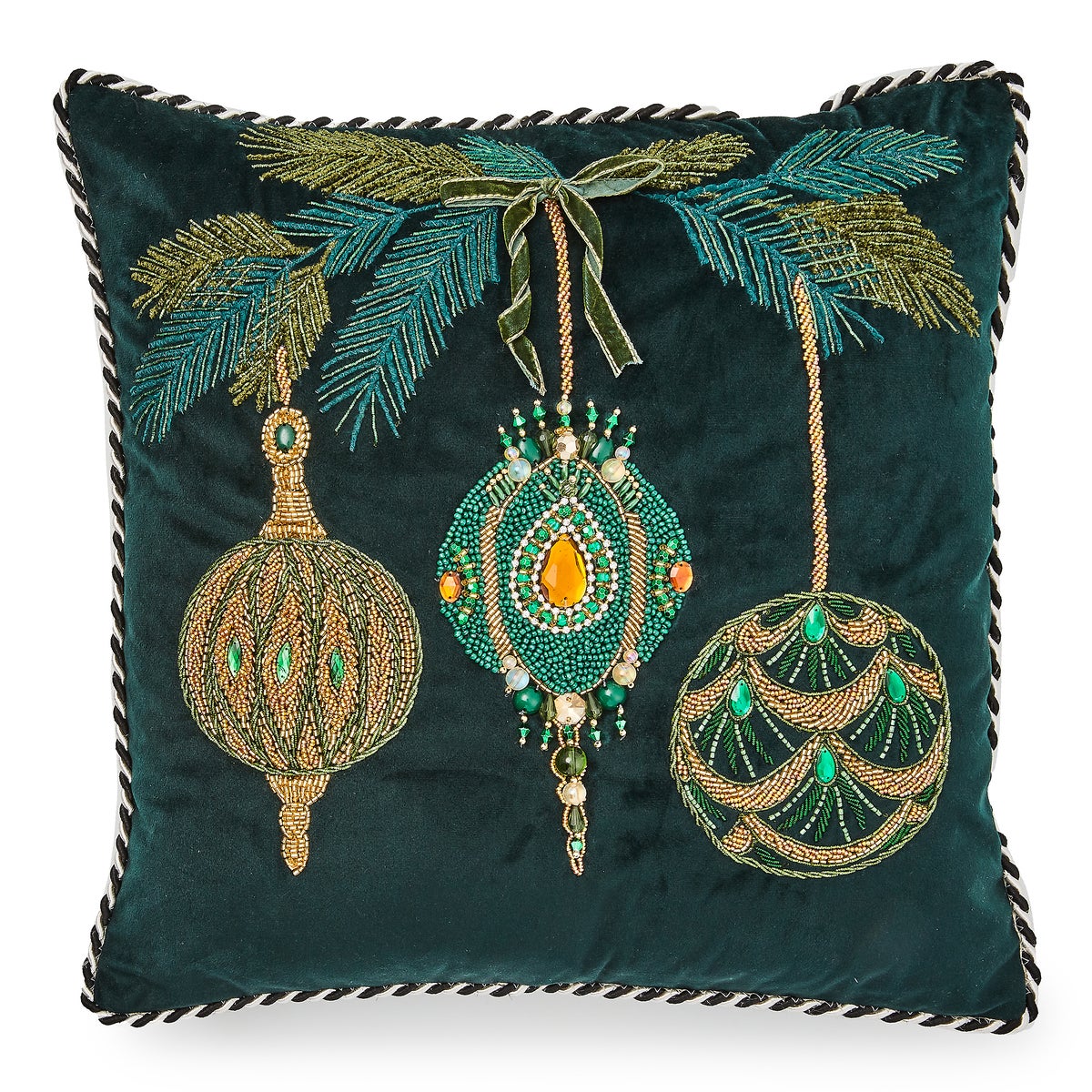 Emerald Ornaments Beaded Throw Pillow