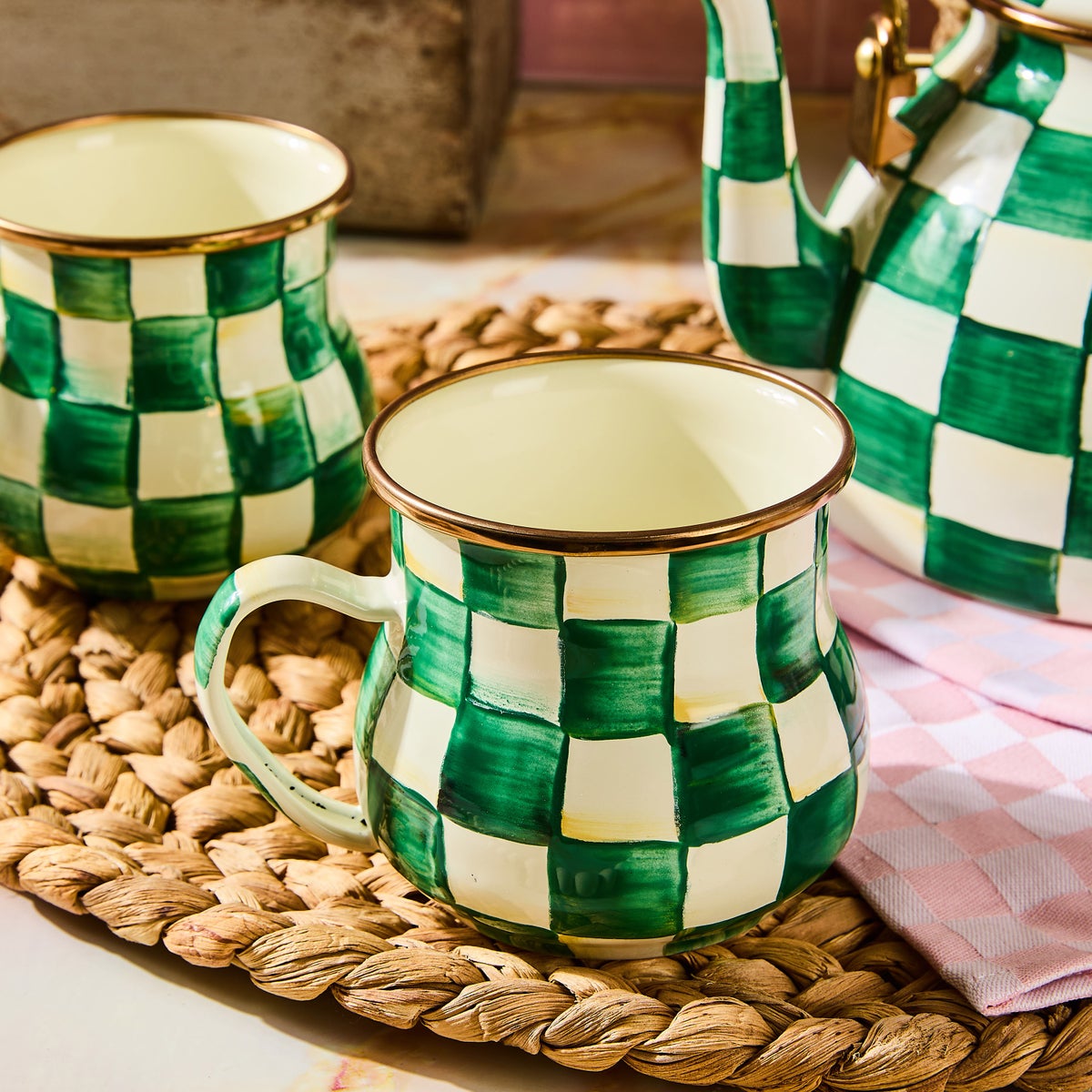 Emerald Check Mugs, Set of 4 - Image 2