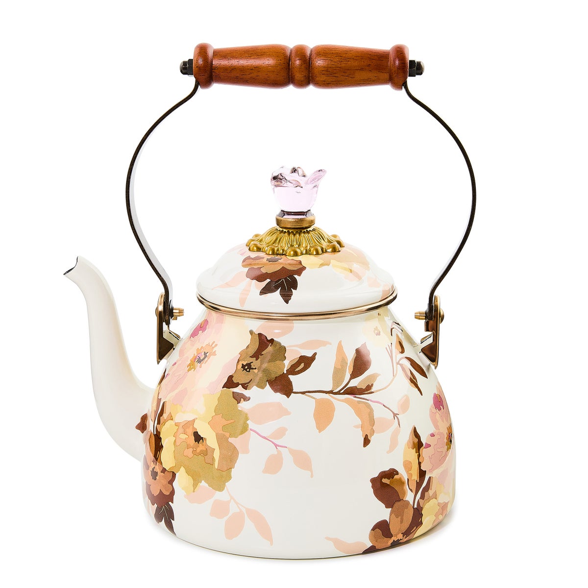 Wild Rose White 2 Quart Tea Kettle