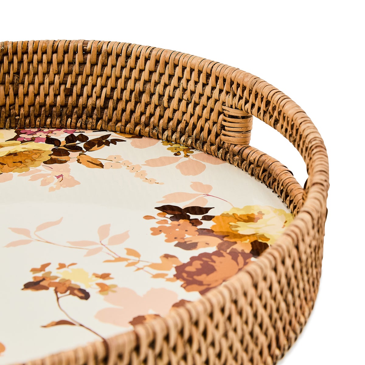 Wild Rose White Enamel & Rattan Round Serving Tray - Image 3