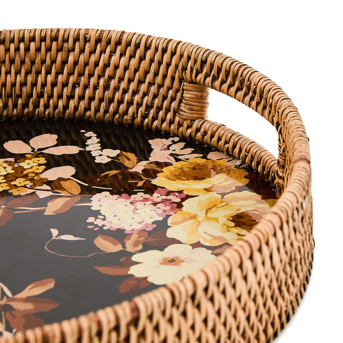 Wild Rose Brown Enamel & Rattan Round Serving Tray - Image 3