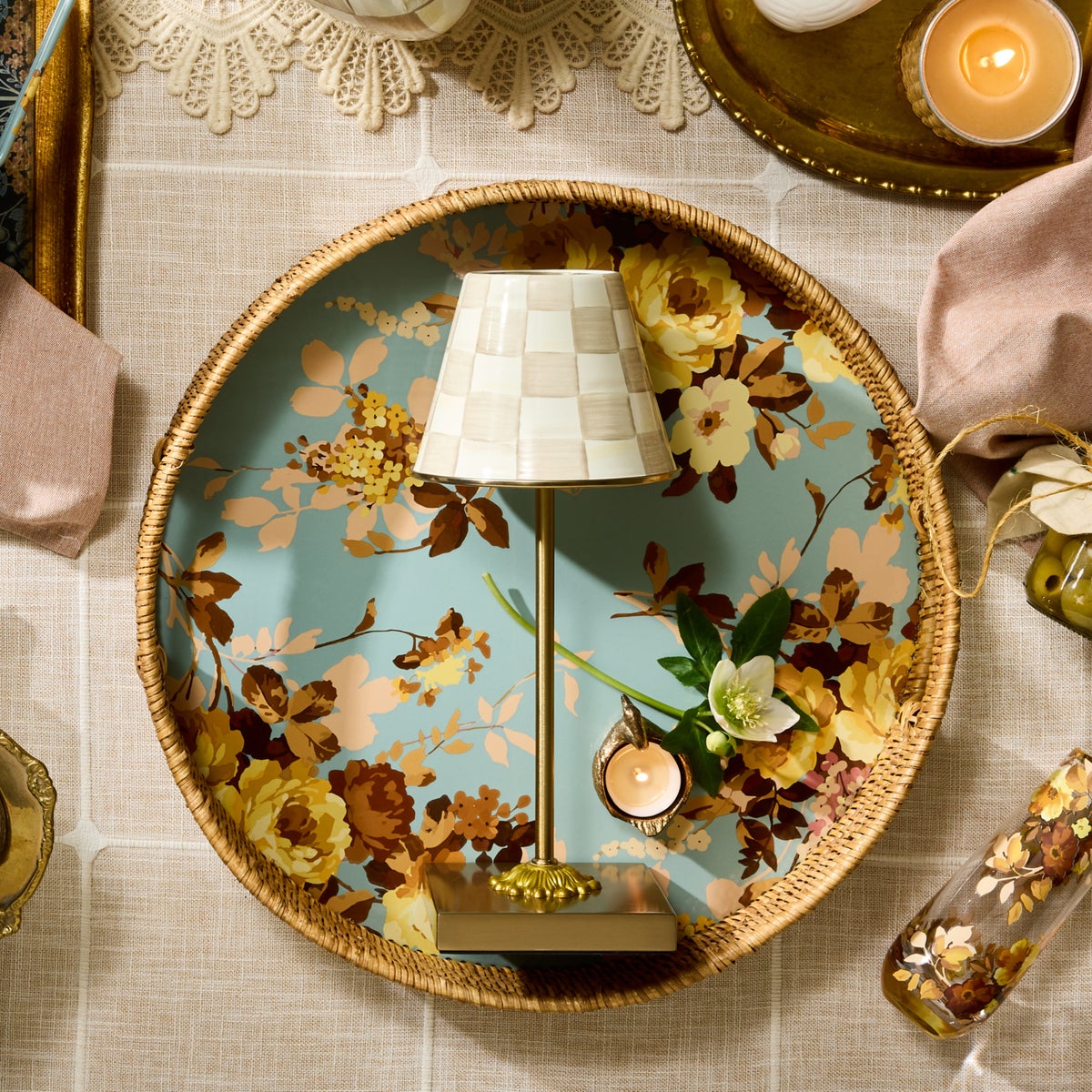 Wild Rose Slate Enamel & Rattan Round Tray - Image 2
