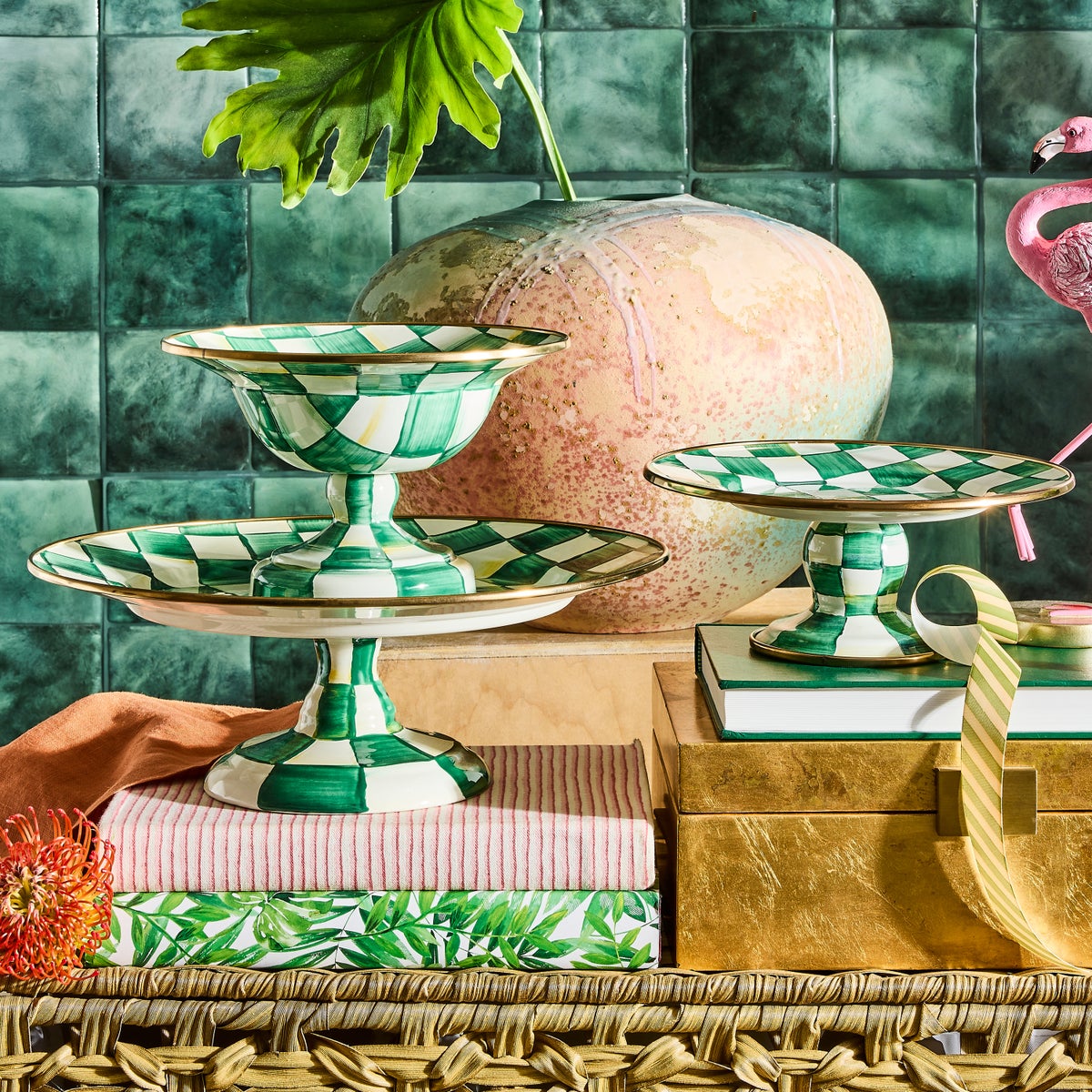 Emerald Check Small Pedestal Platter - Image 2