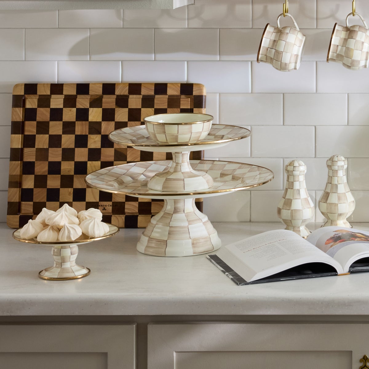 Mocha Check Small Pedestal Platter - Image 2